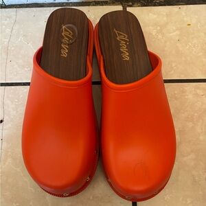 Liliana Orange Mules with Wooden Platform
